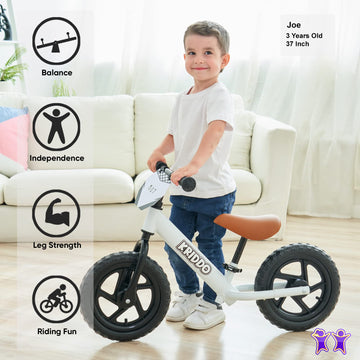 KRIDDO Toddler Balance Bike, 12 Inch Push Bicycle for 2-5 Years, White, Includes Custom Plate & Stickers
