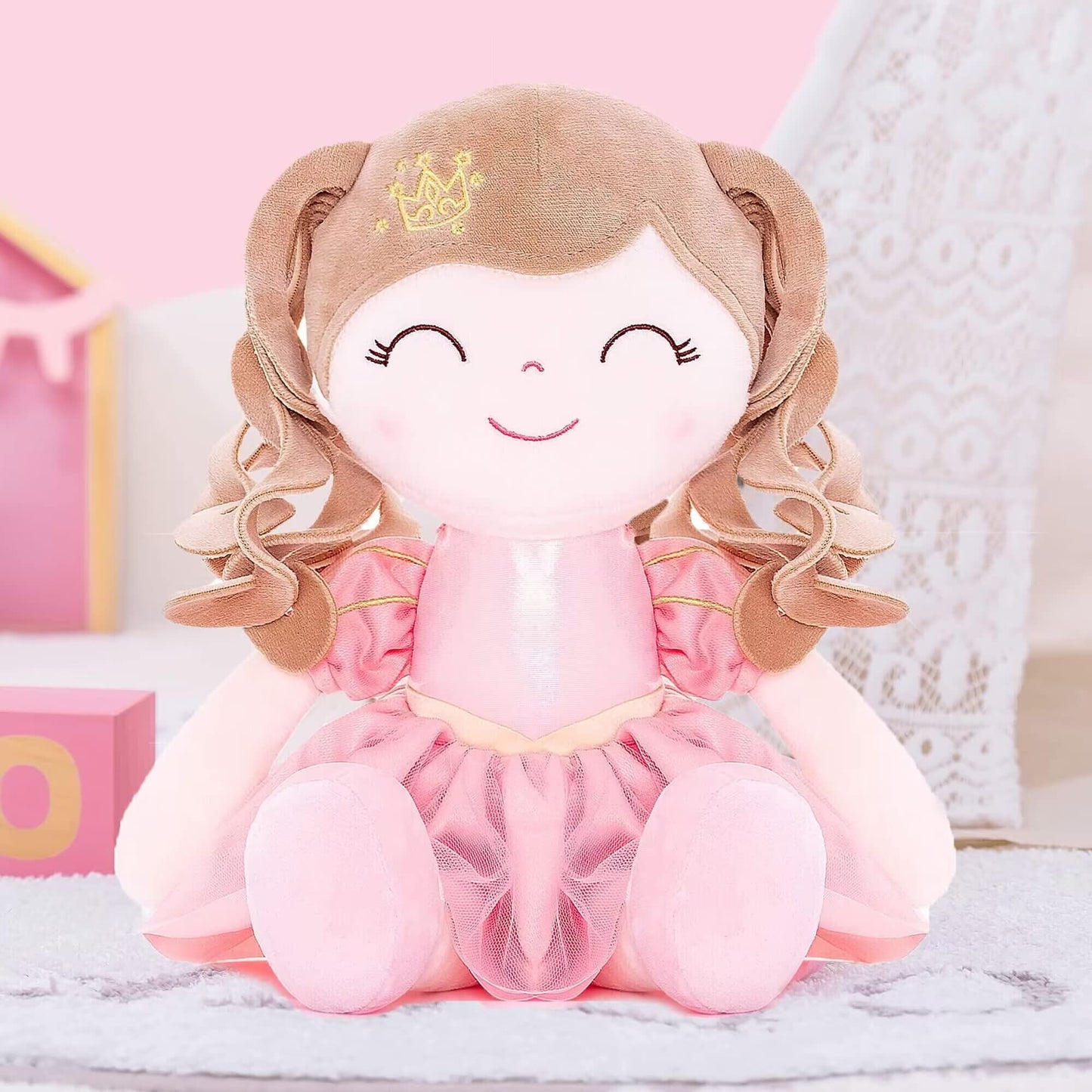 Gloveleya Dolls Baby Girl Gifts Soft Plush Doll Pink Crown Princess 14''