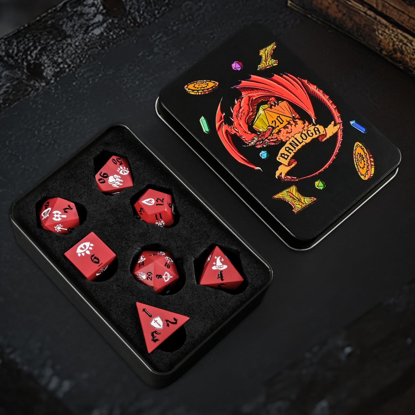 Banloga DND Dice Set,7PCS Metal Dice Set for Dungeons and Dragons,Class Icons Dice,Role Playing Board Games Accessories (Red)