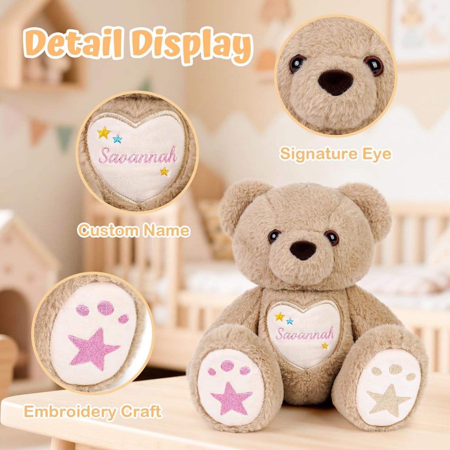 Customizedbee Custom Starlight Teddy Bear 14 in- Personalized Plush with Embroidered Name & Stars, Soft Huggable Toy with Poseab