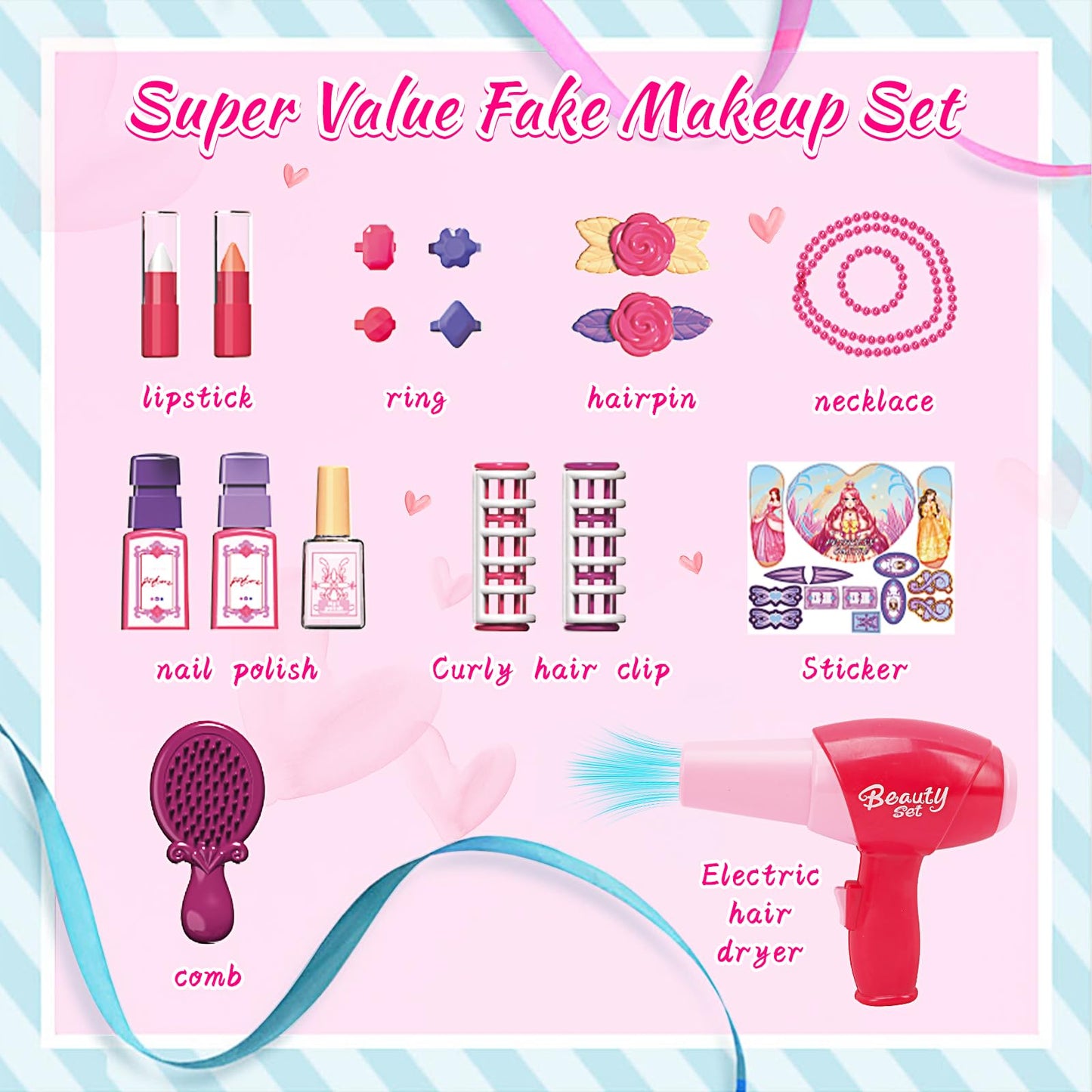 Pretend Play Girls Makeup Table Set With Stool