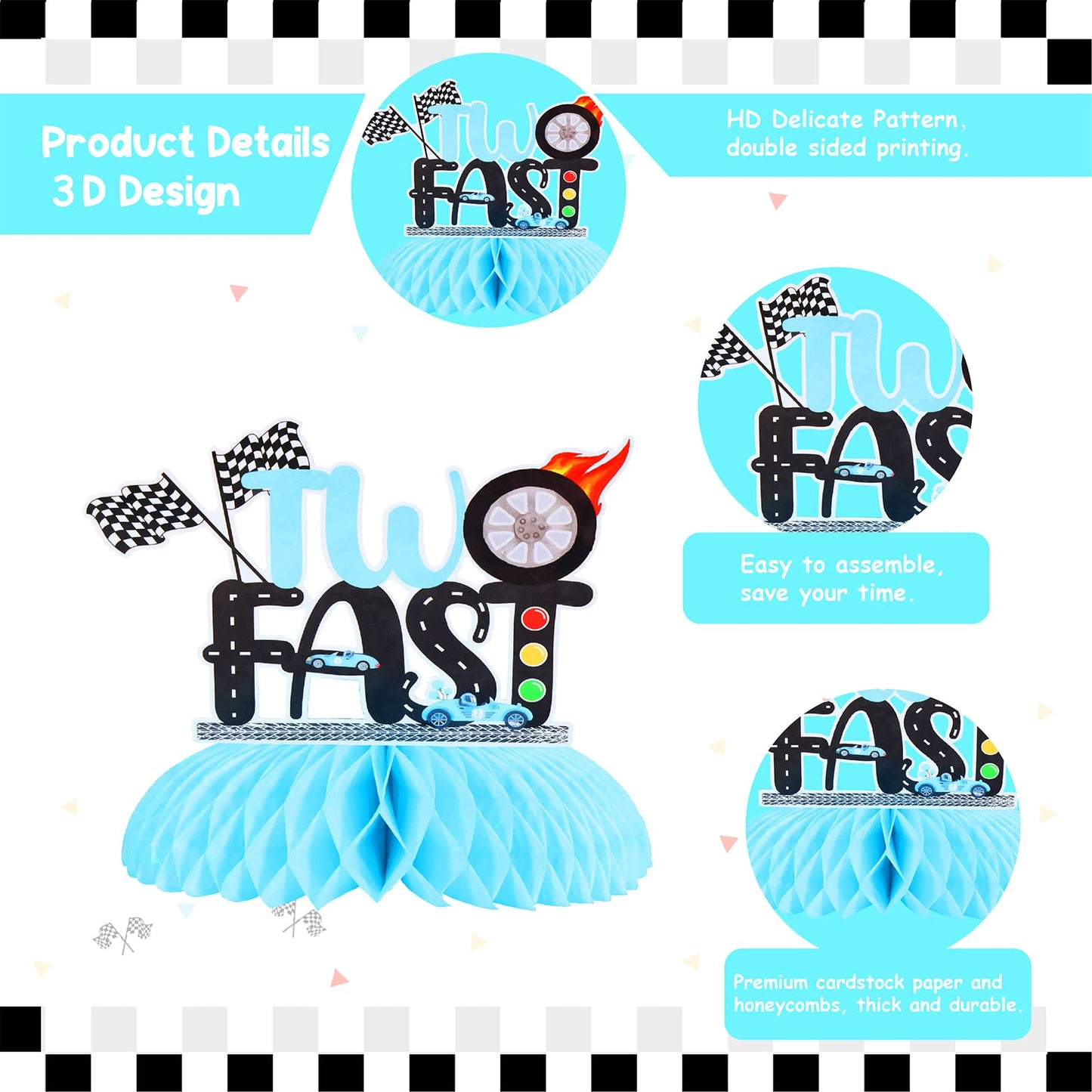 JOYMEMO 8 Pieces Two Fast Honeycomb Centerpieces - Race Car 2nd Birthday Party Decorations for Boys, Lets Go Racing Checkered F