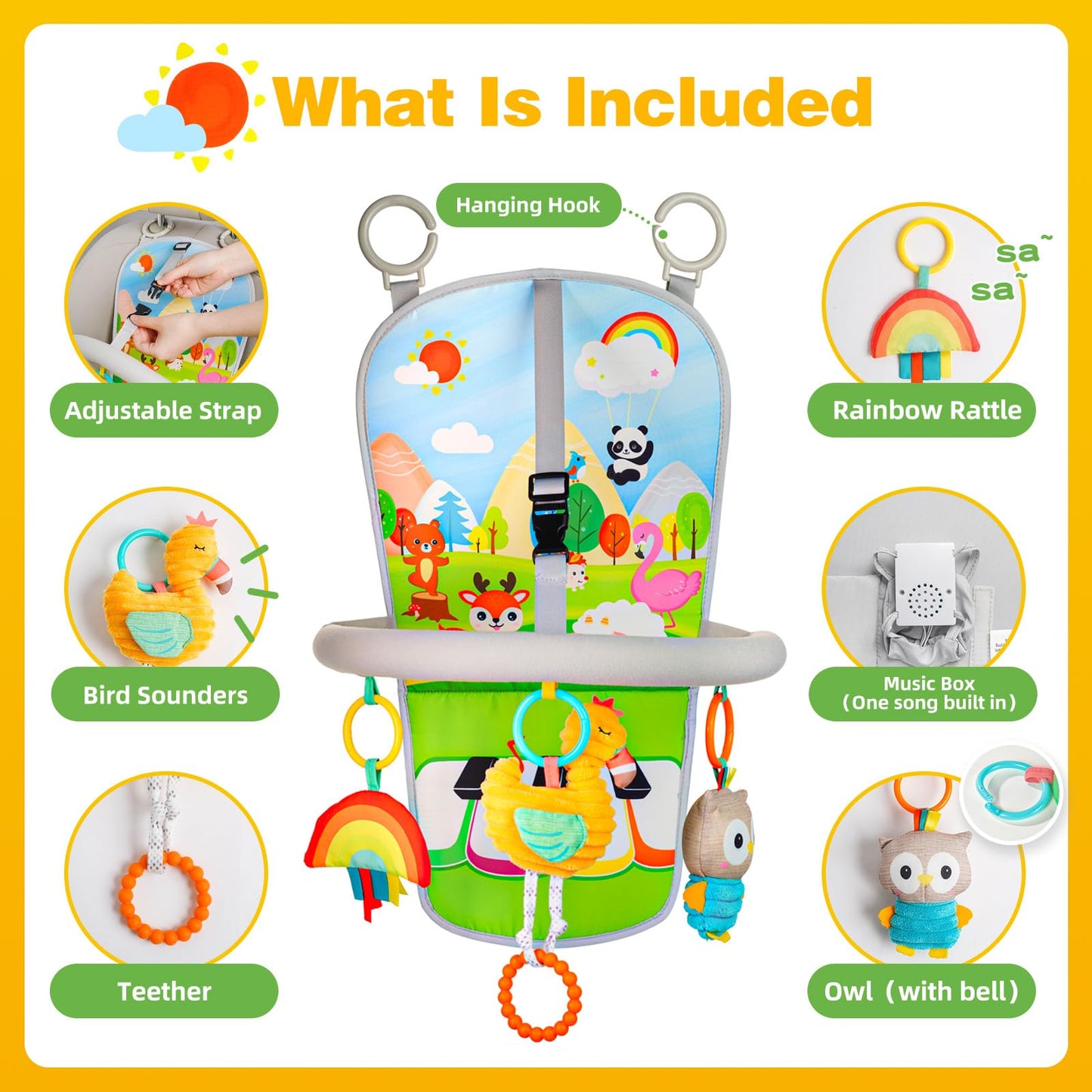Car Seat Toys, Car Seat Toys For Babies 0-6 Months, Infants Kick & Play Activity Center Arch With Music, Baby Stroller Toys 3-6 Months, Developmental Toys For Toddlers,Travel Sensory Toys (Flamingos)