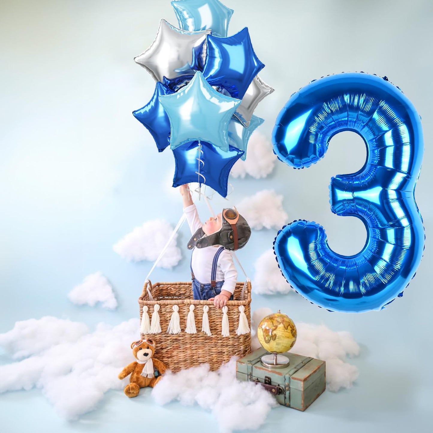 Dark Blue Foil Balloon Number 30, 40 Inch Giant Globos Azules Light Metallic Blue Mylar Balloon, Royal Blue Silver Star Self Inf