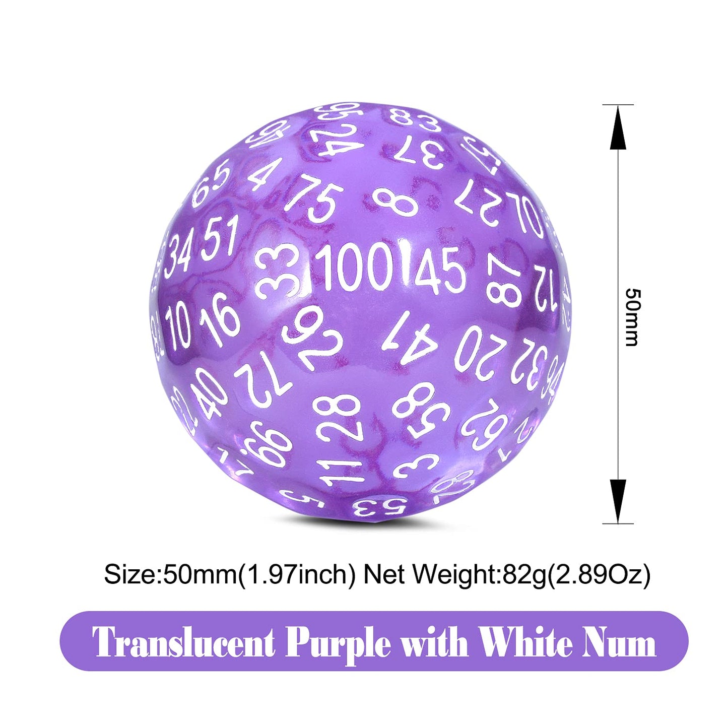 Purple D100 Dice Set DNDND 50mm 100 Sided Die with Translucent Pouch for Dungeons and Dragons DND(Translucent Purple with White