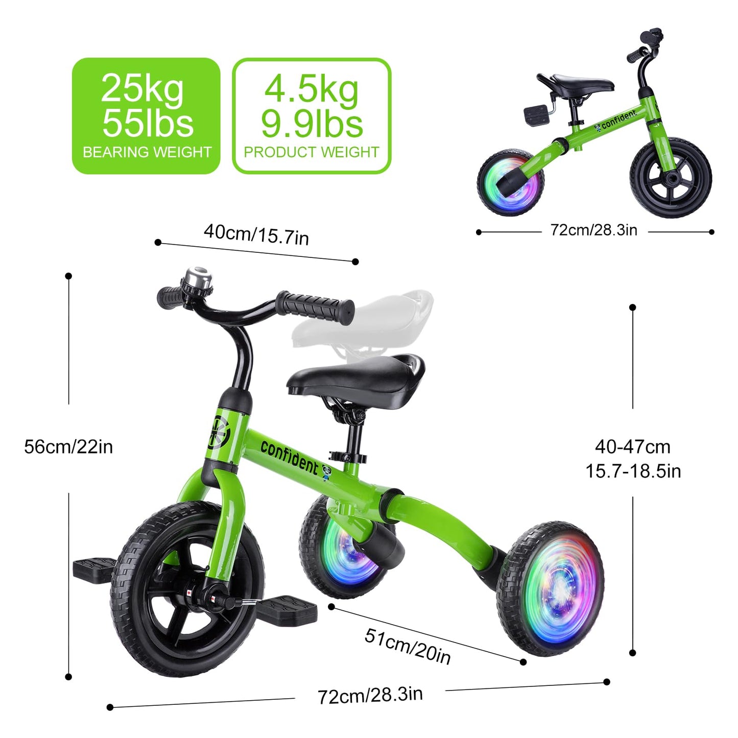 Ygjt 3 In 1 Lighting Tricycle For Toddlers Age 2-5 Years Old, Folding Kids Balance Bike With Adjustable Seat And Removable Pedal