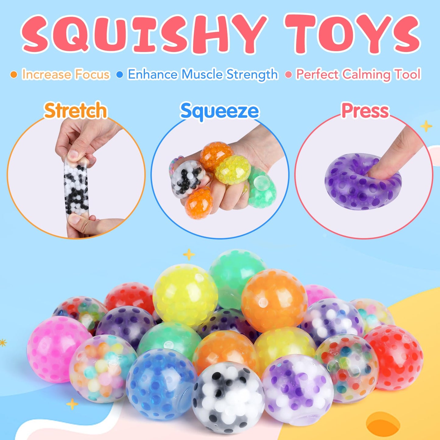 24Pack Stress Balls, Squishy Toys, Squishy Squeeze Balls Bulk Fidget Toys For Adults Squishy Balls, Stress Relief Toys, Party Fa