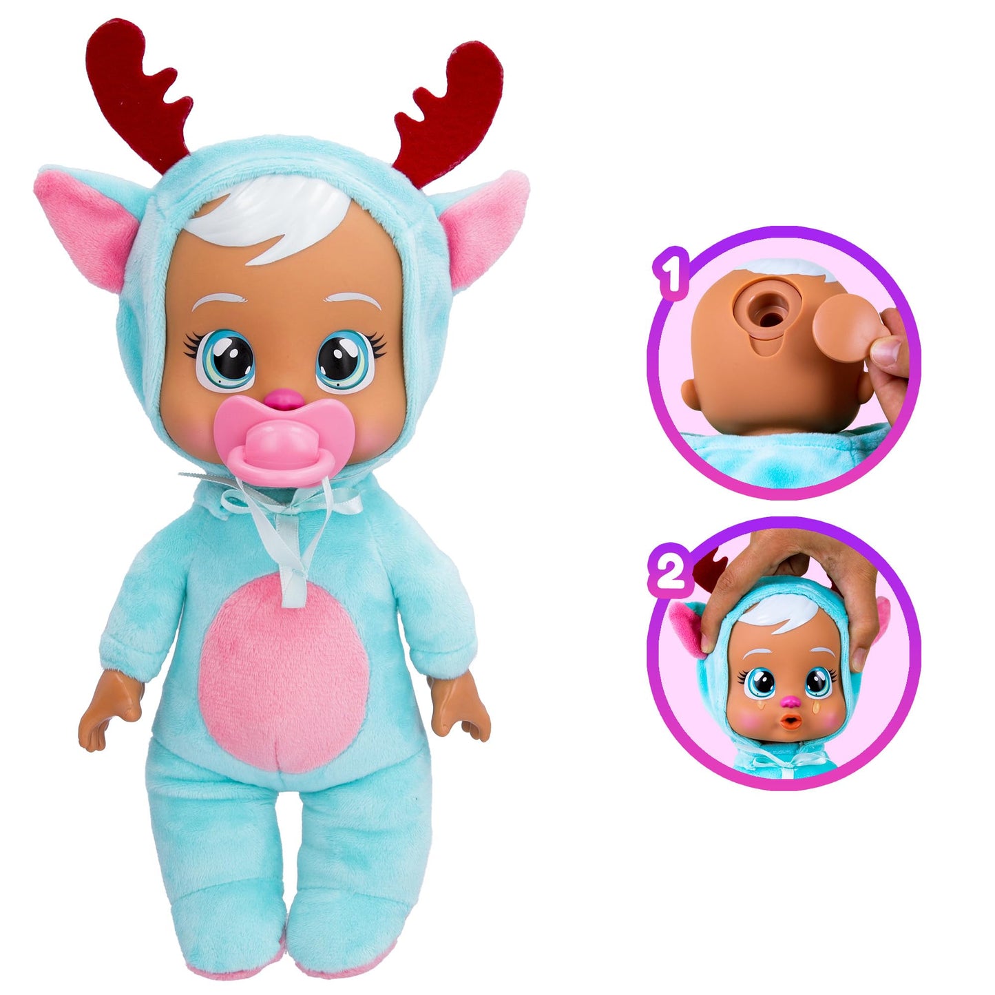 Cry Babies Tiny Cuddles Christmas Eve - 9' Baby Dolls, Cries Real Tears, Blue And Pin Reindeer Themed Pajamas