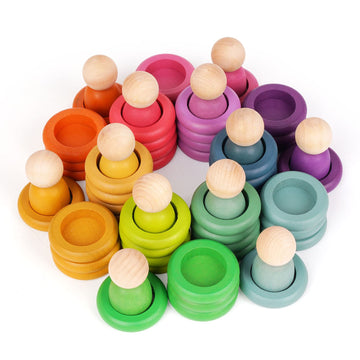 Agirlgle Montessori Wooden Color Sorting Stacking Rings Toy - Medium Rainbow - Fine Motor Skill Learning Toy for Toddlers