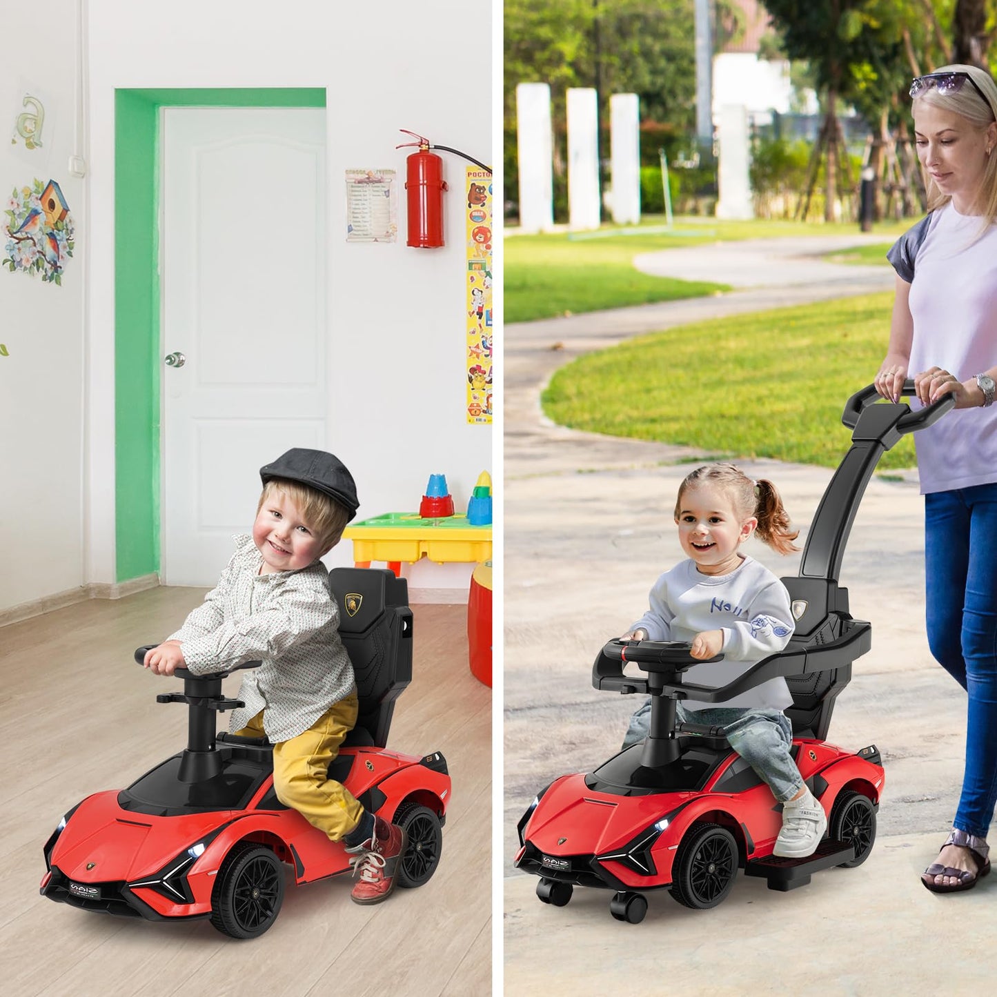 INFANS 3 in 1 Ride on Push Car, Licensed Lamborghini Baby Stroller Sliding Walking Car with Parent Control Handle, Music, USB, H