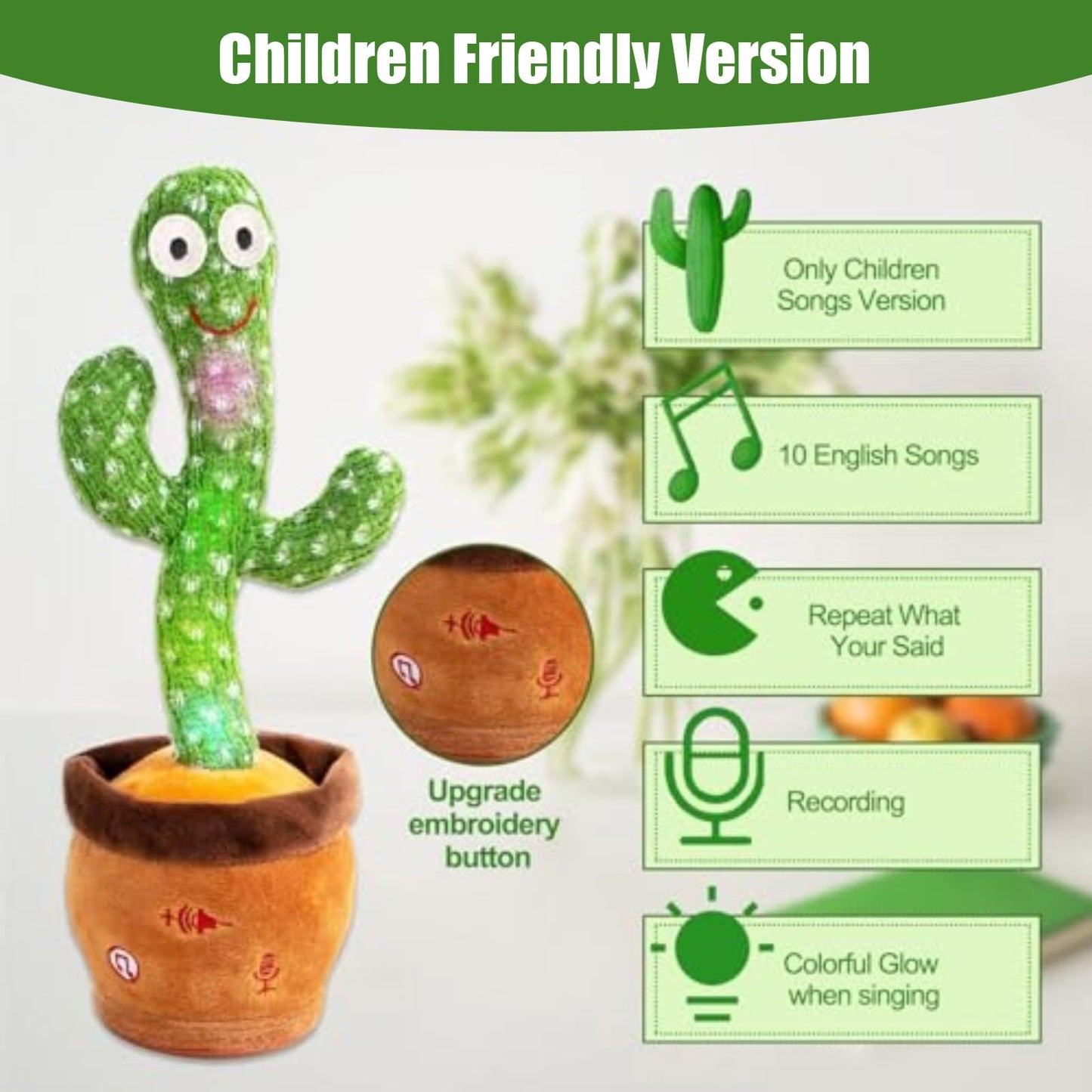 Miaodam ?Children'S Songs? Singing Talking Cactus Toy Repeating What You Say, Dancing Crawling Caticus Toys 10 Nursery Rhyme, Adjustable Volume, Embroidery Button Mimicking