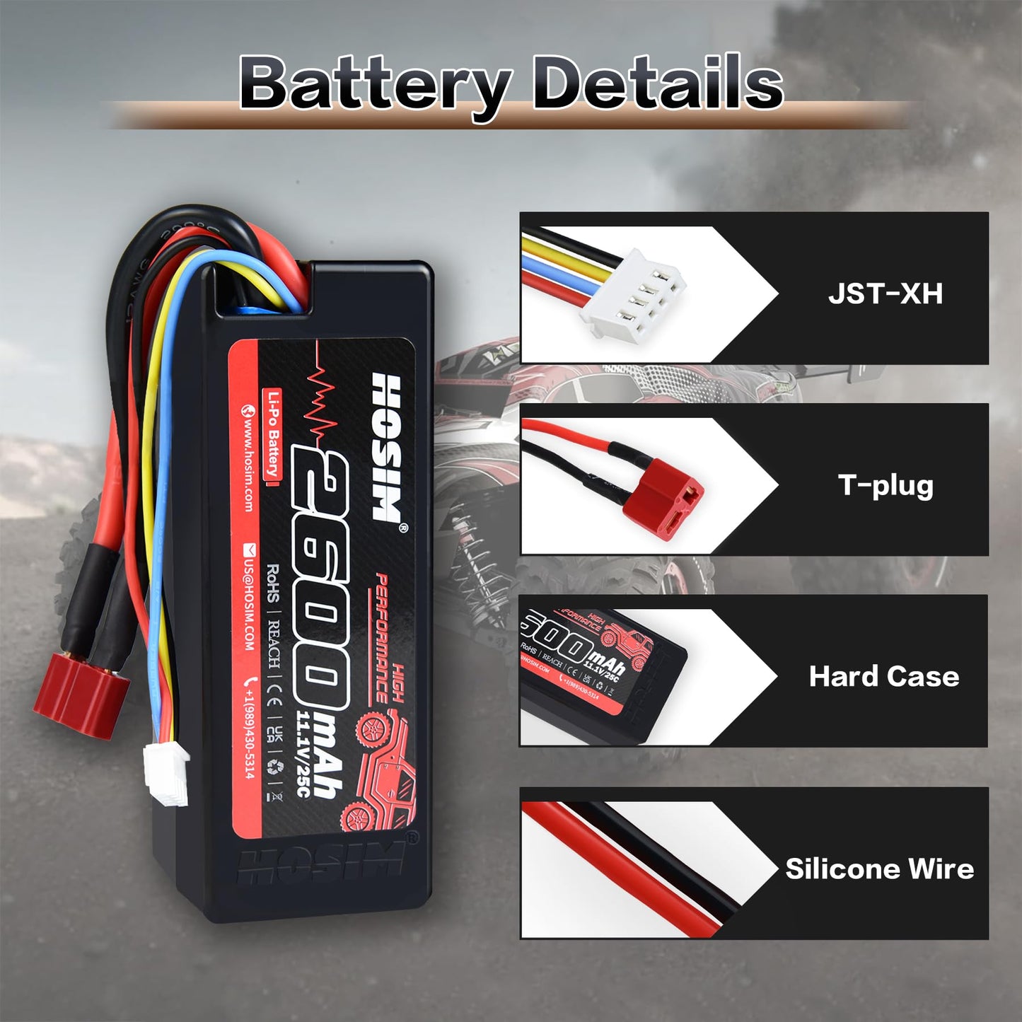 Hosim 2PCS 11.1V 25C 2600mAh Li-po Battery with 1 USB Chargers & 1 Battery Strap for Brushless RC Car Truck RC Vehicles Boat Bat