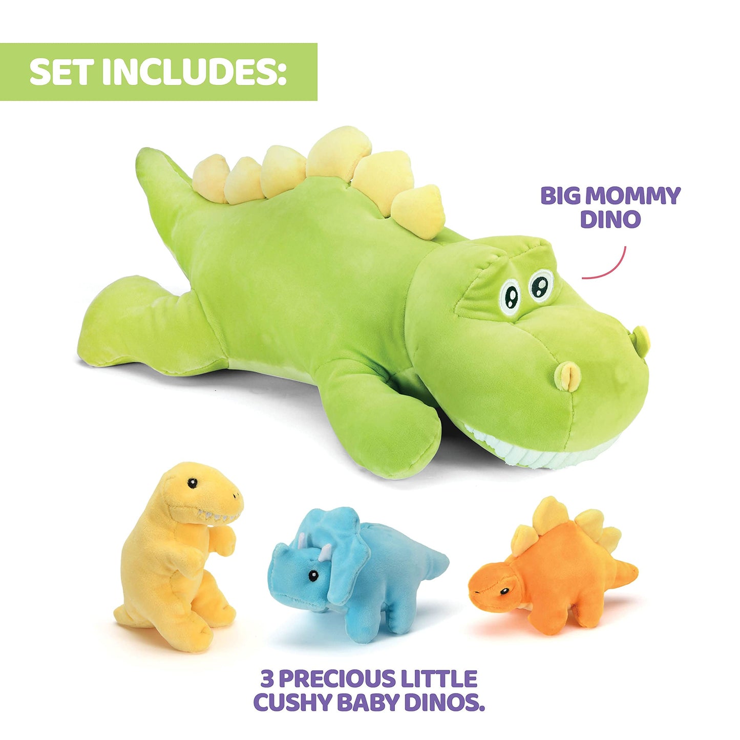 Prextex 15-Inch Stegosaurus Dinosaur Stuffed Animal Set With 3 Dino Plush Toys Inside, Large Zippered Pouch Dinosaur For Boys An