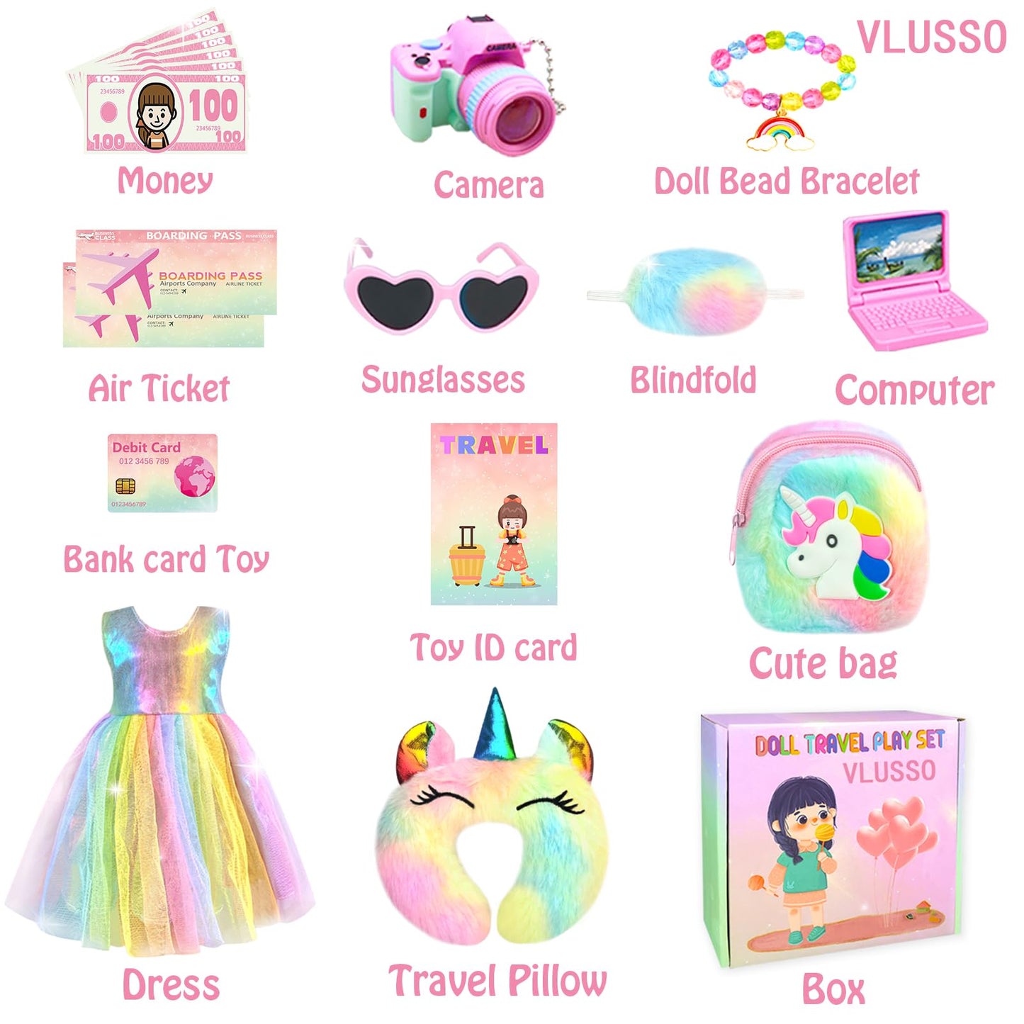 19Pcs 18 Inch Girl Doll Accessories Case Luggage Travel Play Set With Clothes, Camera, Travel Pillow, Bag, Dress, Glasses, Stuff For 18 Inch Doll - Christmas & Birthday Gift