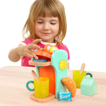 B. toys- Caf au Play- Pretend Play Wooden Coffee Maker for Kids- Wooden Coffee Machine Set - 10 Pretend Play Accessories - Kit