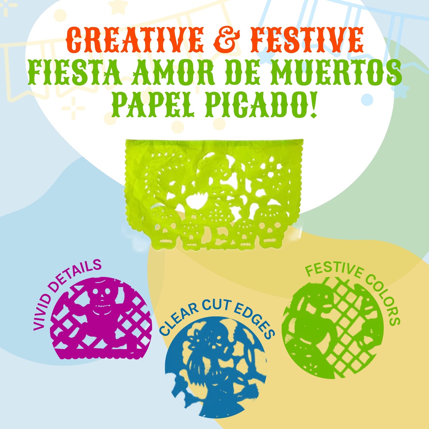 Day of The Dead Mexican Party Decorations - Dia de Los Muertos Papel Picado Tissue Paper Banner Set (12.5 Ft x 4, 50 Ft Total) H