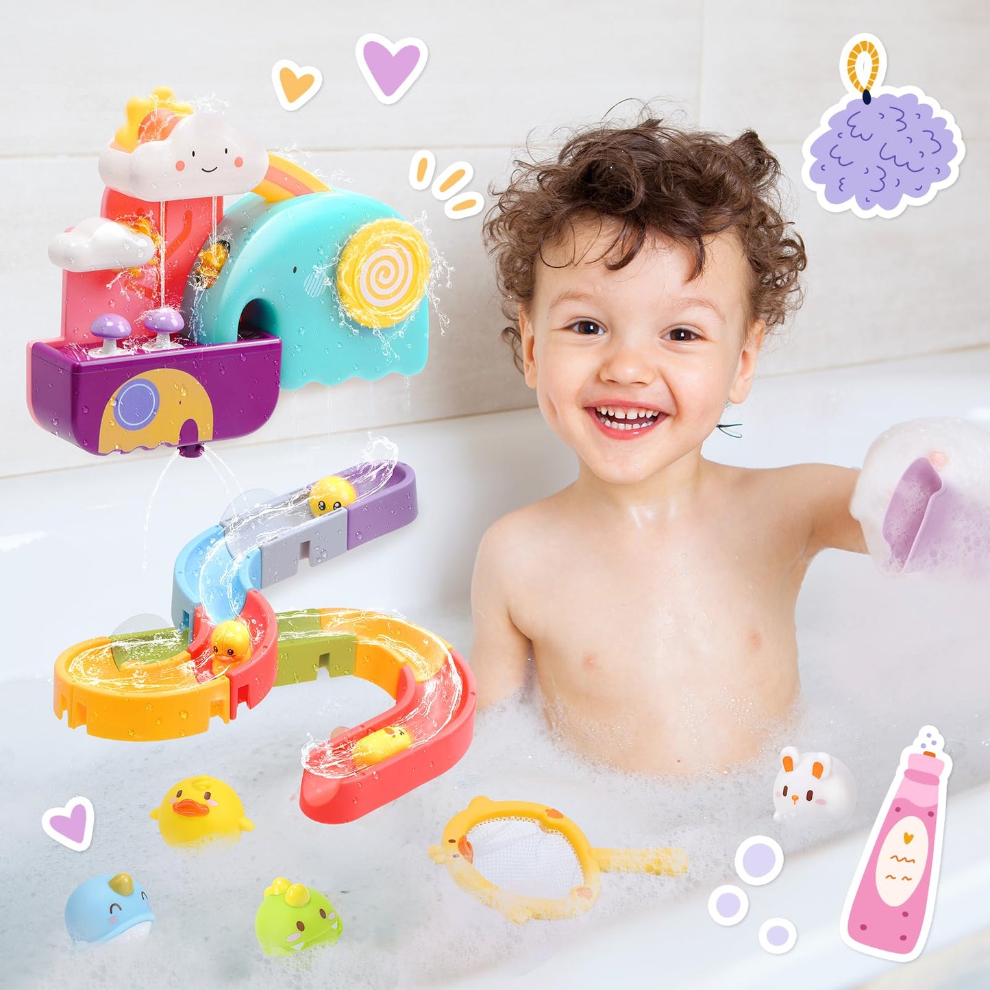 Cute Stone Baby Bath Toys, Bathtub Toy W/ Water Slide Building Track, No Hole Floating Squirting Toys, Duck Fishing Net Game, To