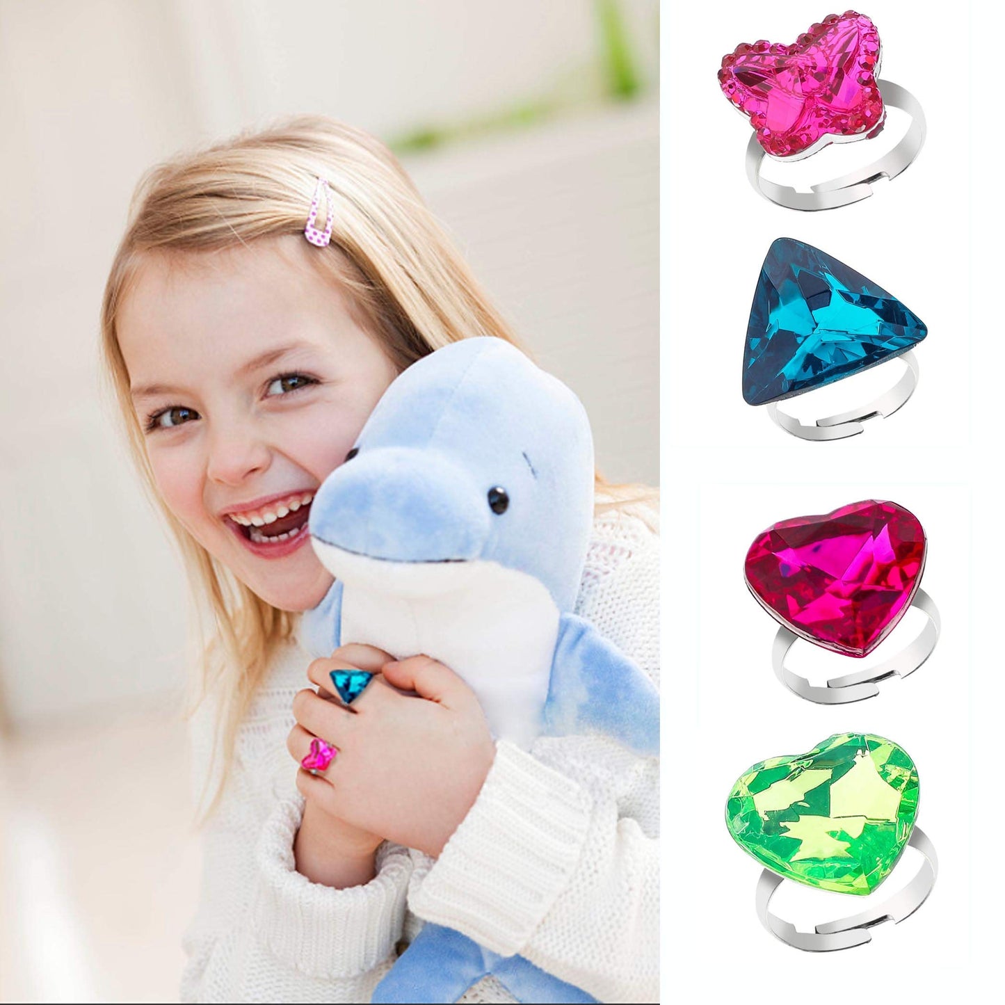 RICHNESS Adjustable Little Girl Jewel Rings Kids Gift Play Rings Multi Shapes Colorful Princess Pretend Jewel Rings Box Packed 1