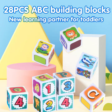 PLAY ABC Building Blocks Set - 28 PCS Plastic Alphabet & Number Stacking Blocks, Multicolor Montessori Toys for Toddlers 1-3