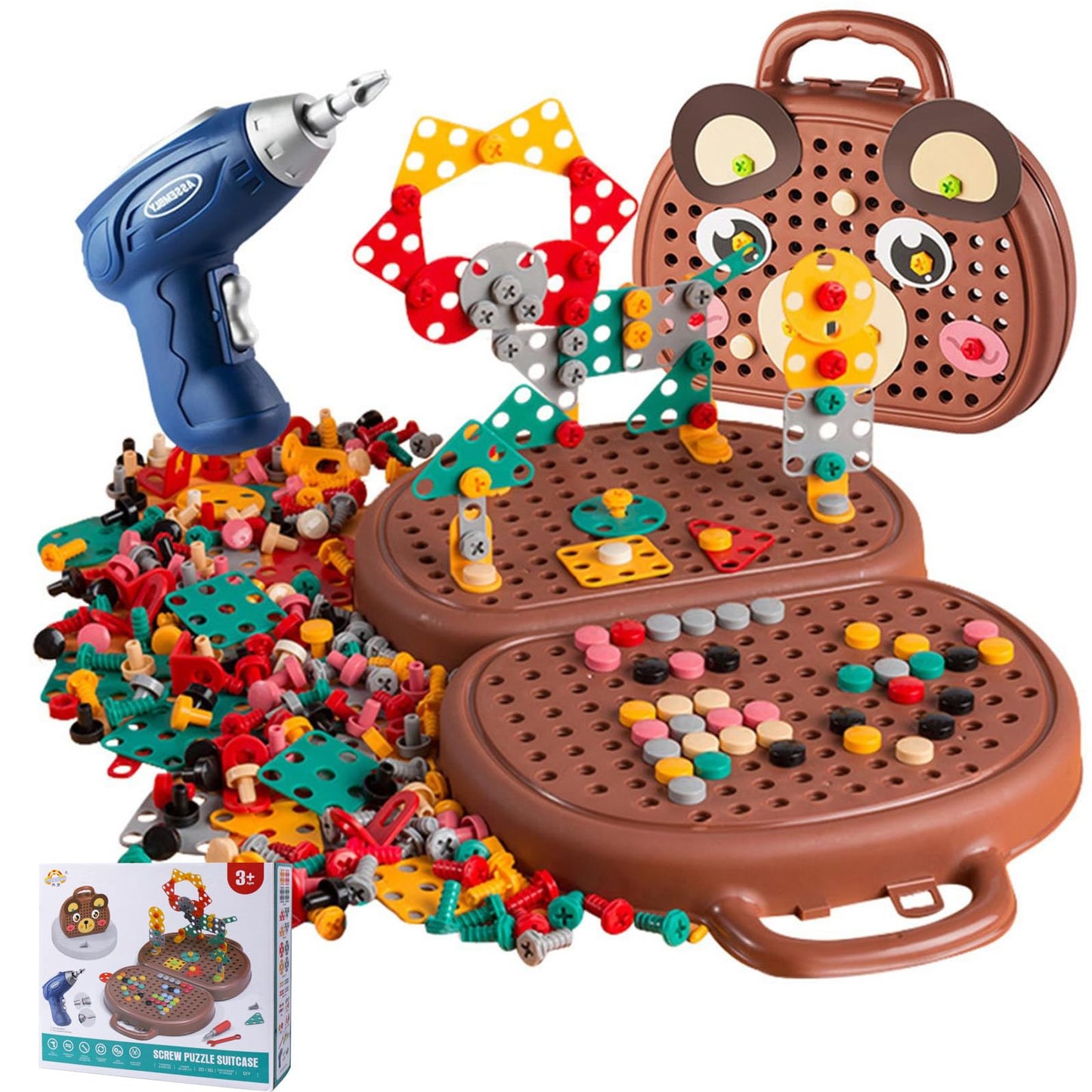 Kaemgyyd Magic Montessori Play Toolbox, 203Pcs Magic Montessori Play Toolbox Bear with Drill, 2D/3D Creativity Tool Box Montesso