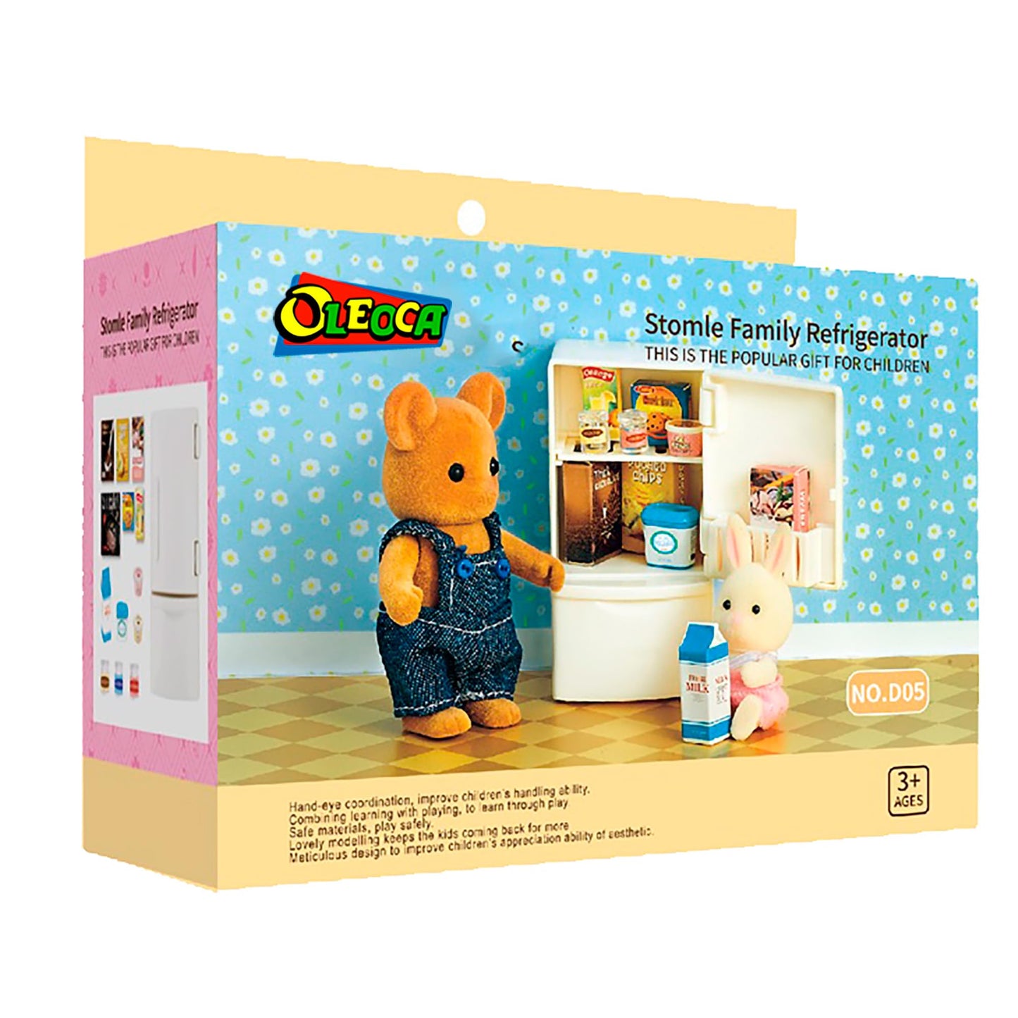 Oleoca Family Dollhouse Refrigerator Set - Mini Fridge With Opening Doors, Interior Shelves, Milk Carton, Yogurt Tub, Ice Cream