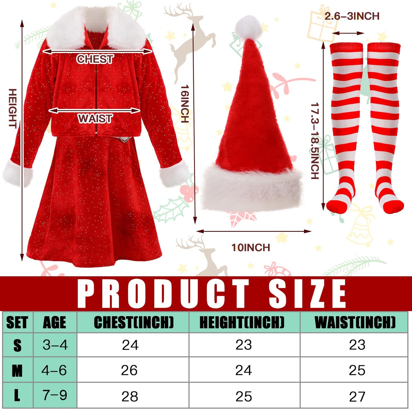 Panitay 4 Pcs Girls Christmas Costume Red Santa Claus Outfit Hat Jacket Dress Tights For Little Girls Kids Holiday Cosplay(Large