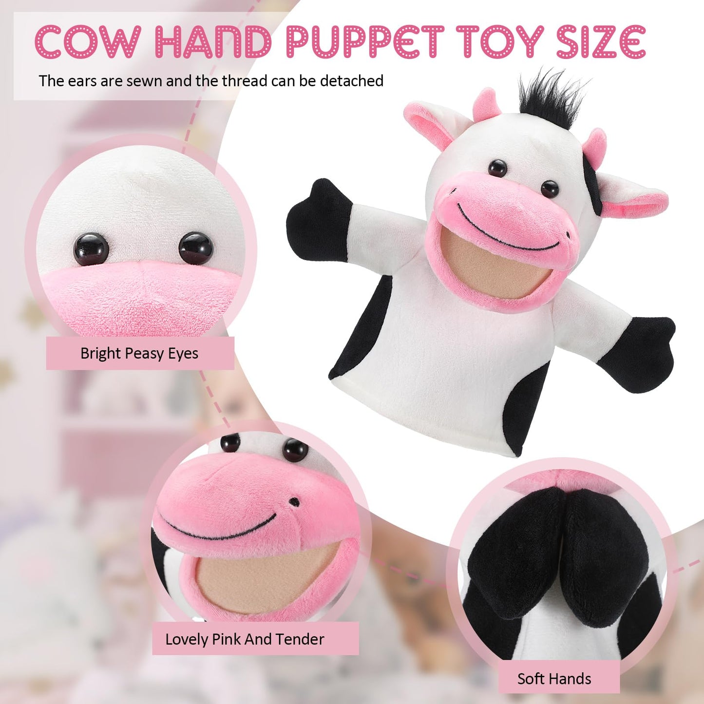 Zomiboo Hand Puppets Soft Animal Hand Plush Toy With Movable Mouth Imaginative Pretend Play Stocking Storytelling Interactive Toy (Cow)