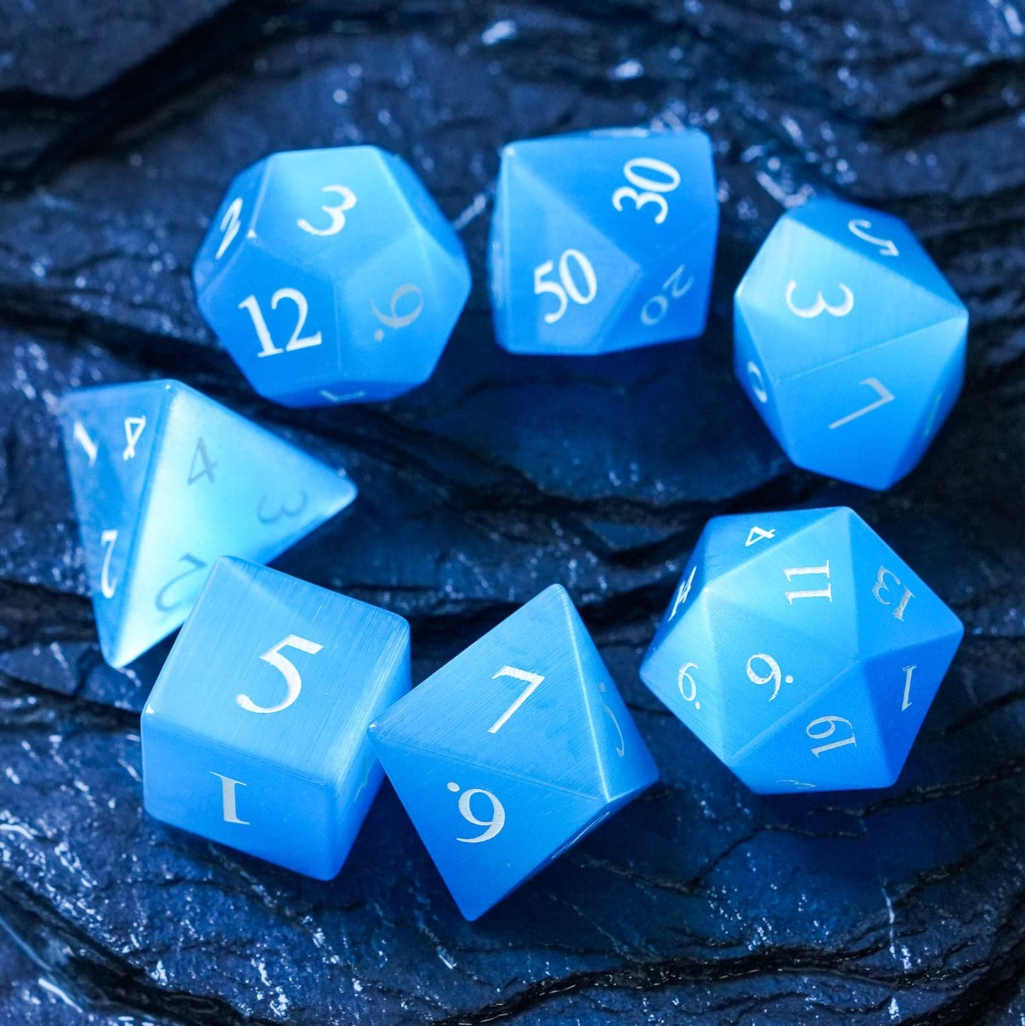 UDIXI Gemstone DND Dice Set 7PCS Stone D&D Polyhedral Dice for Dungeons and Dragons MTG Table Games (Blue Cat's Eye)