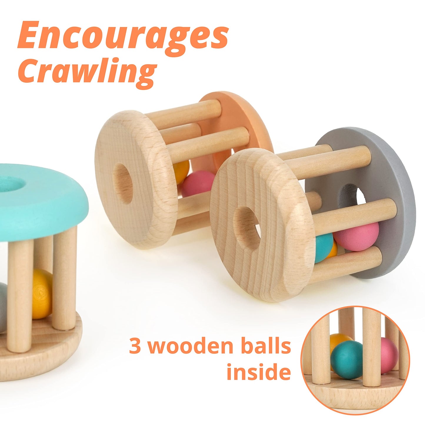 Duckboxx Xx Wooden Rattle Rollers For Babies Ages 0M - 2Yrs (Burlywood Base - 3Pcs)