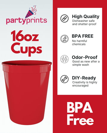 Partyprints 100 Pack 16 Oz Red Reusable Blank Plastic Cups, Stadium Cups Bulk - Bpa Free Dishwasher Safe Party Cups, Colored Cup