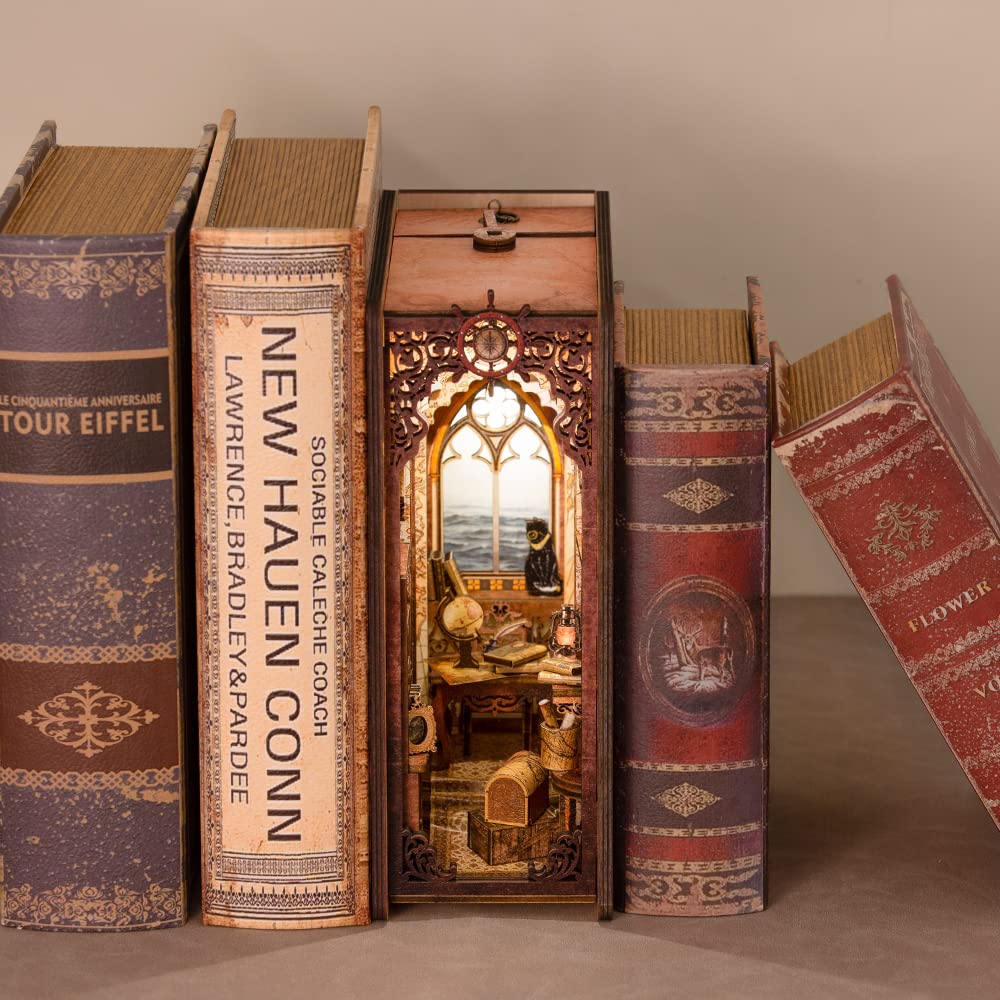 Cutefun Book Nook Kit, Diy Miniature Dollhouse Kit For Adults And Teens, 3D Wooden Puzzle Bookends, Bookshelf Insert Decor W/Led Light, Ideal New Year Gift (Sailing Memory)