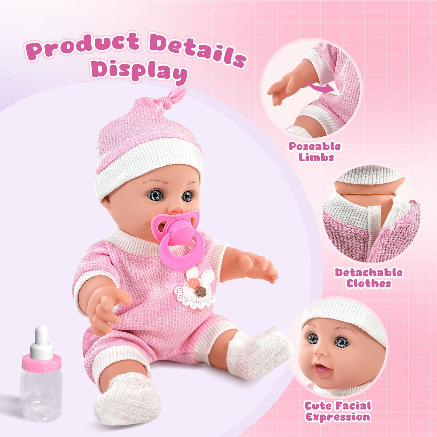 12'' Baby Doll For Toddlers 1-3, Baby Doll Set With Accessories Includes Pink Clothes, Pacifier, Feeding Bottle, Blanket, First