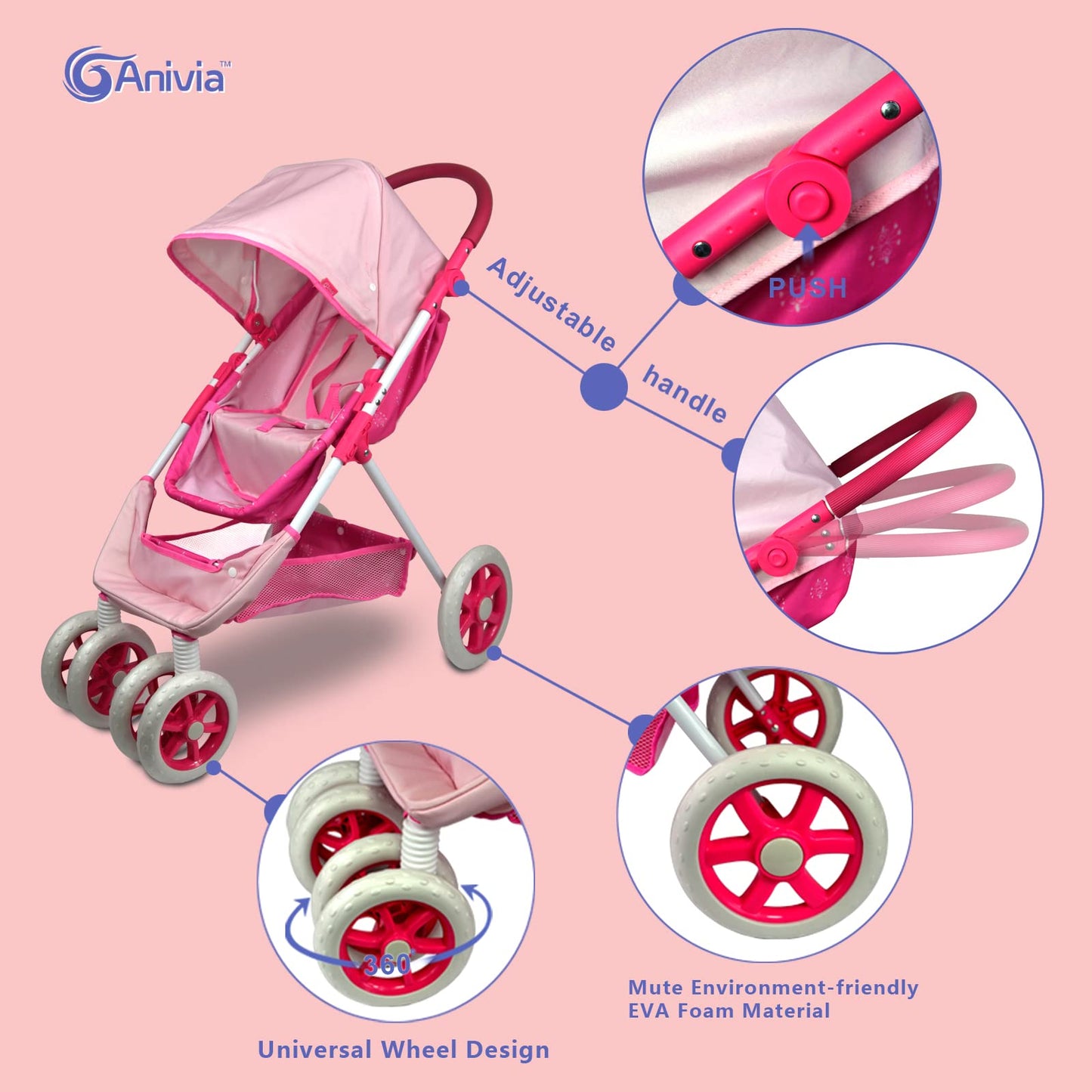 Anivia Dolls Pram, Doll Pushchair, 2 In 1 Stroller Dolls Pushchair & Pram Toys Gift For Kids, Suitable Dolls Up To 18 Inch - Purple