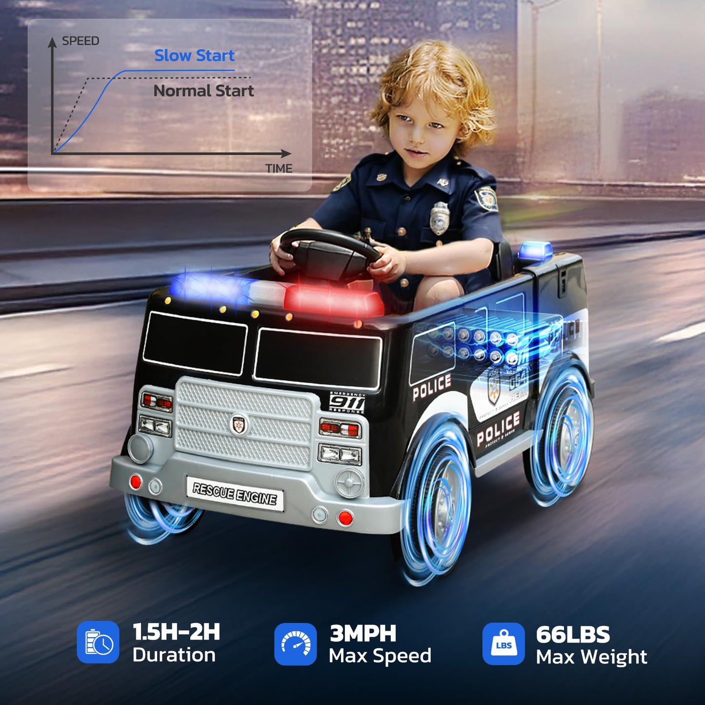 Elemara 12V Ride On Police Car, Electric Ride On Cop Cars For Kids,Battery Powered Ride On Truck, Ride On Toy W/Parent Remote Control,Siren-Call,Walkie-Talkies, Flashing Lights,Bluetooth,Music,Black