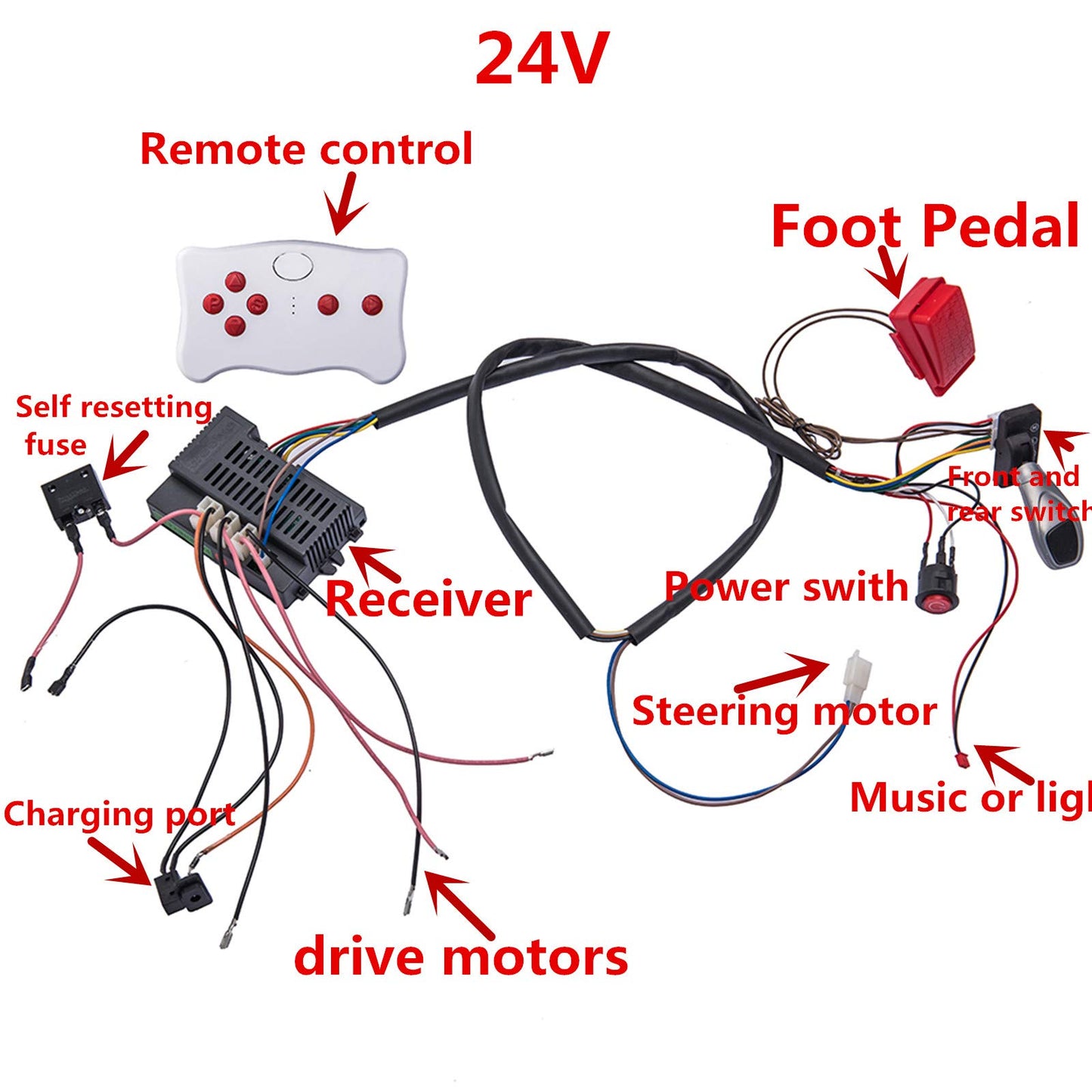 24 Volt Children Electric Car DIY Modified Wires and Switch Kit,with 2.4G Bluetooth Remote Control and Receiver,for Children Ele