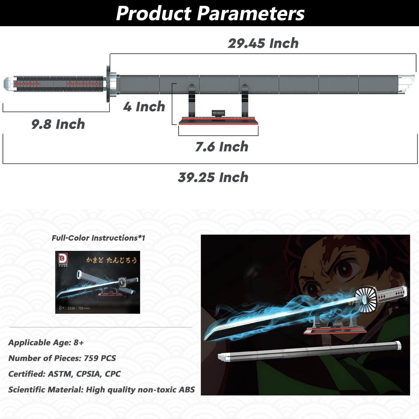 HIGH GODO Demon Slayer decorative replica blade 39.3in Tanjirou decorative replica blade Building Set with Scabbard and Stand Cosplay Anime Katana decorative replica blade Building Blocks Collectible for Kids and mature-themeds 8+ (759 Pieces)