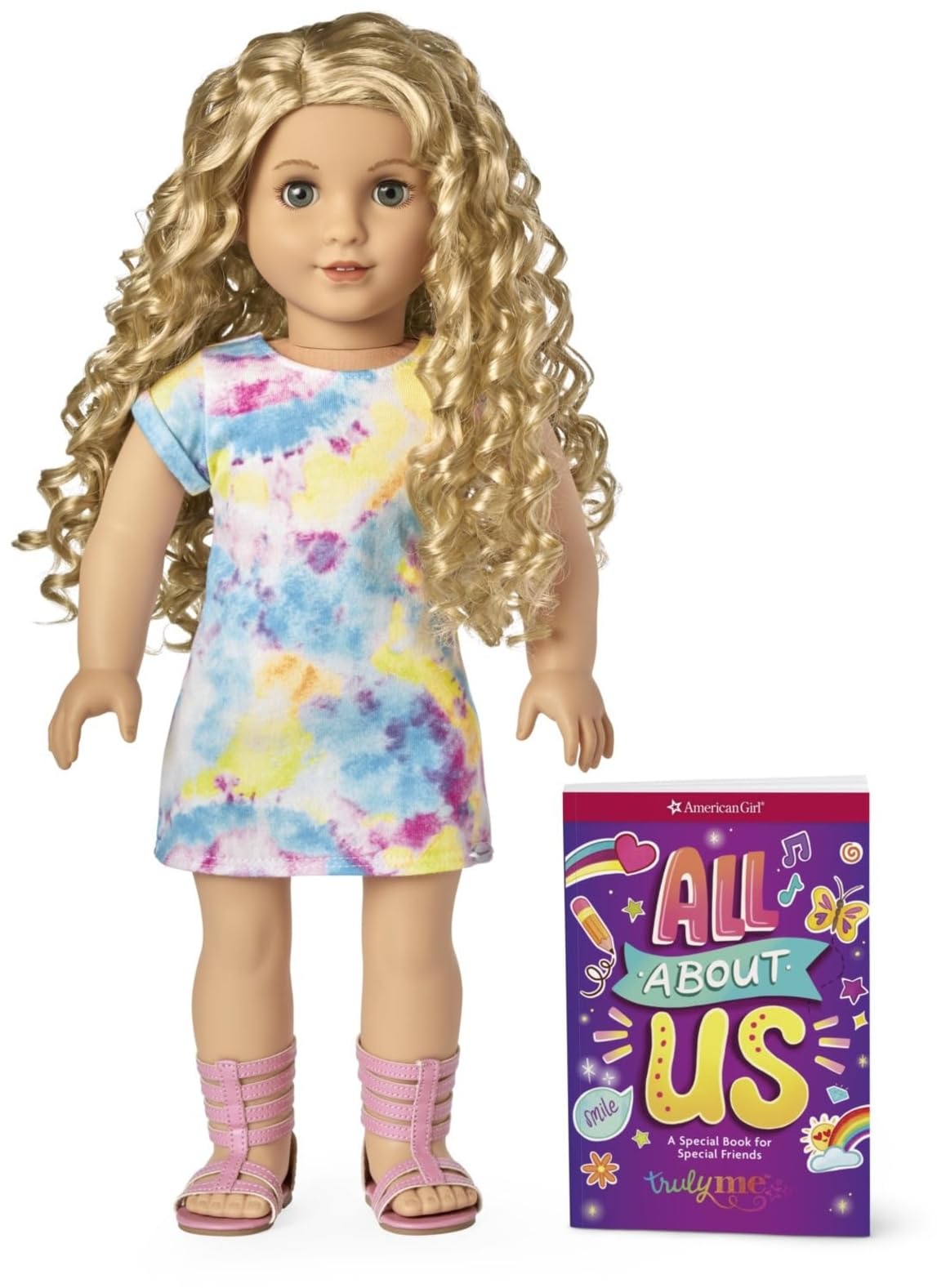 American Girl Truly Me 18-Inch Doll #115 With Gray Eyes, Curly Blonde Hair, Light Skin, Tie Dye T-Shirt Dress, For Ages 6+