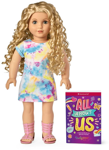 American Girl Truly Me 18-Inch Doll #115 With Gray Eyes, Curly Blonde Hair, Light Skin, Tie Dye T-Shirt Dress, For Ages 6+