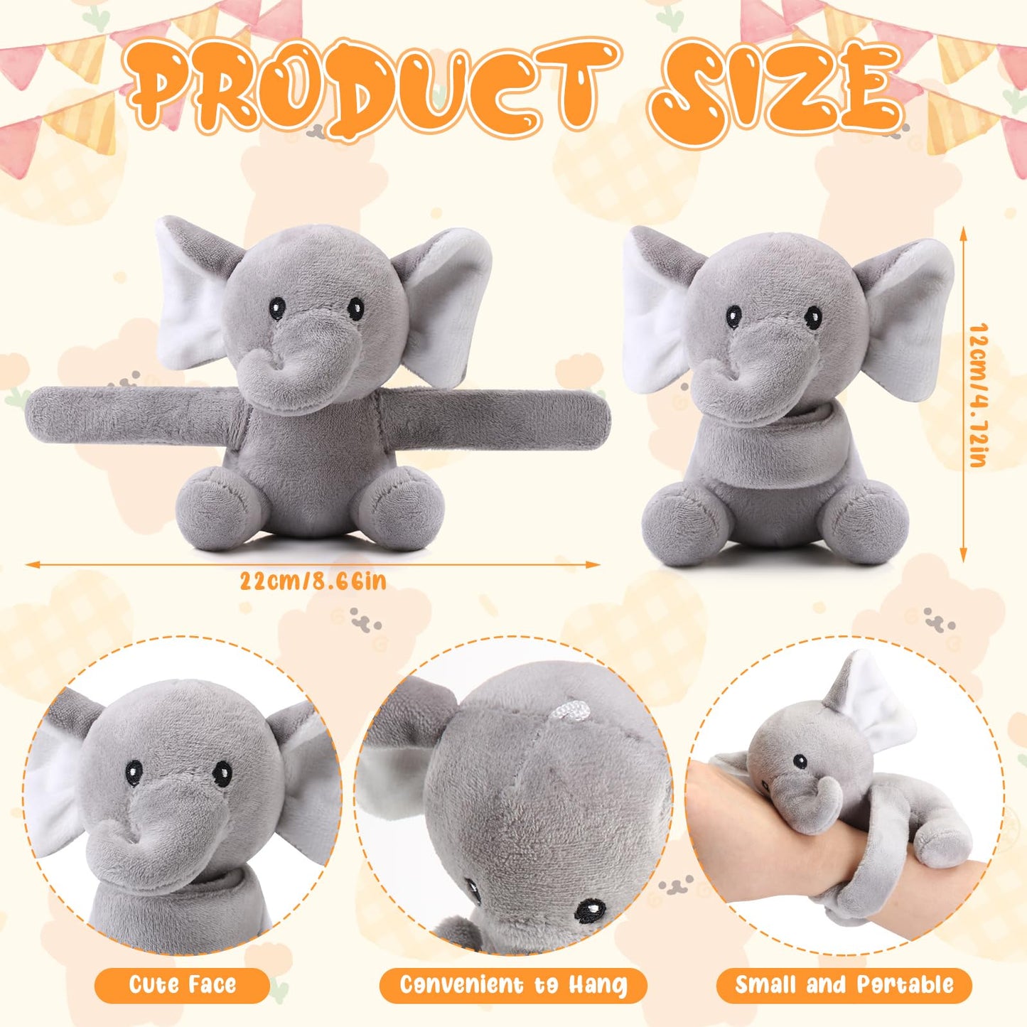 Ceenna 16 Pcs Valentine's Day Elephant Stuffed Animal Slap Bracelets Plush Elephant Slap Bracelets 8.66 Inch Gray Adorable Eleph