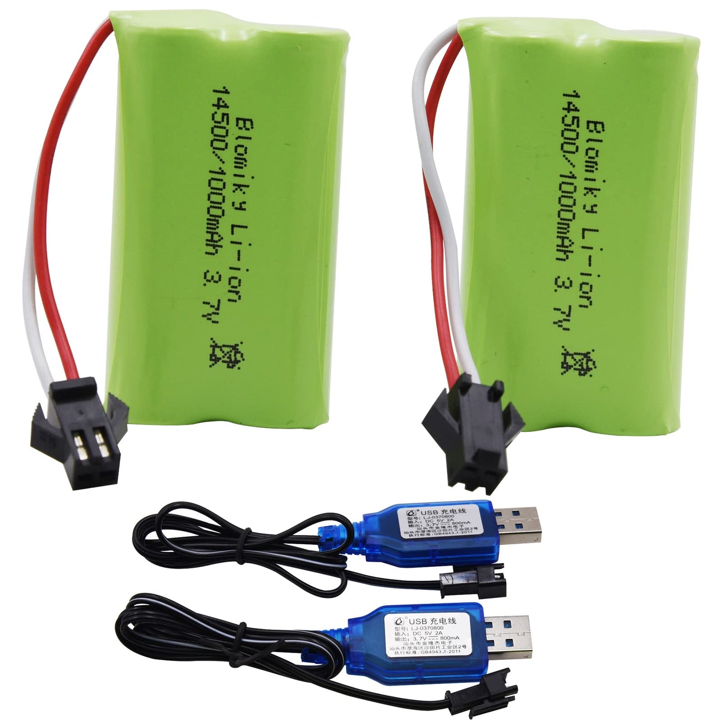 Blomiky 3.7V 1000mAh 2 Pack Lithium-ion Rechargeable Battery with SM2P Plug and Charger Cable for Remote Control Trucks / 813A B
