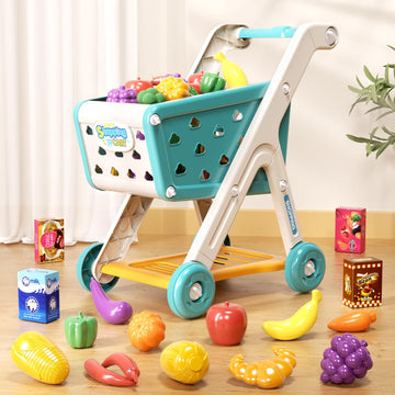 Jovow 98Pcs Kids Shopping Cart Trolley Play Set With Pretend Food And Accessories,Perfect For Ages 3+ Pretend Play And Role-Play