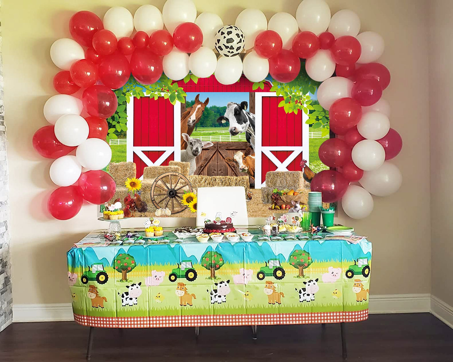 BAIFNEZ Farm Animals Backdrop Red Barn Farmhouse Barnyard Party Banner 7x5FT Country Farm Birthday Party Decorations for Kids Ba