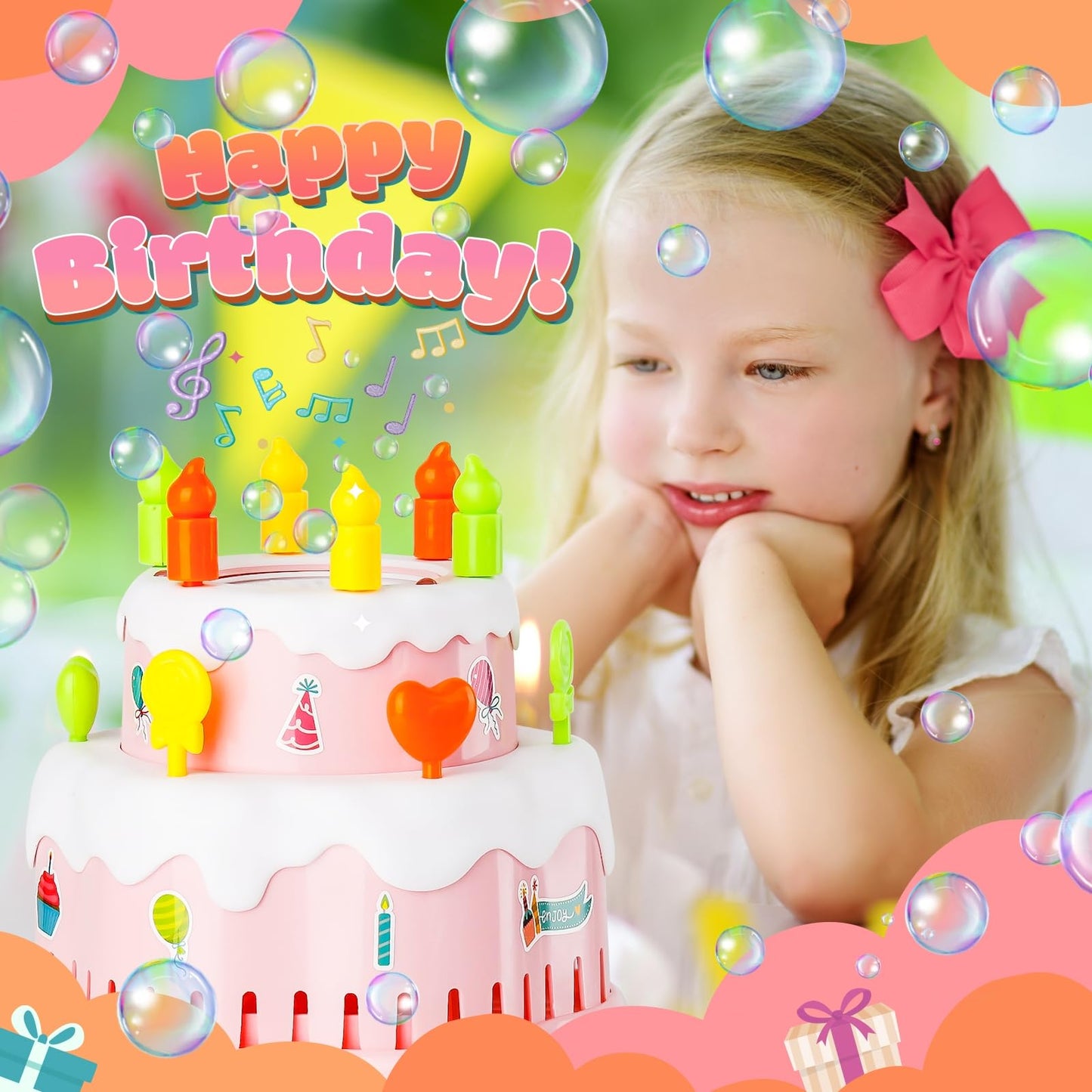 Kulariworld Bubble Machine, Automatic Birthday Cake Bubble Maker Blower With Solution For Kids Toddlers Outdoor Indoor Play Easter Party, Toy Gift For Little Boys Girls (Pink)