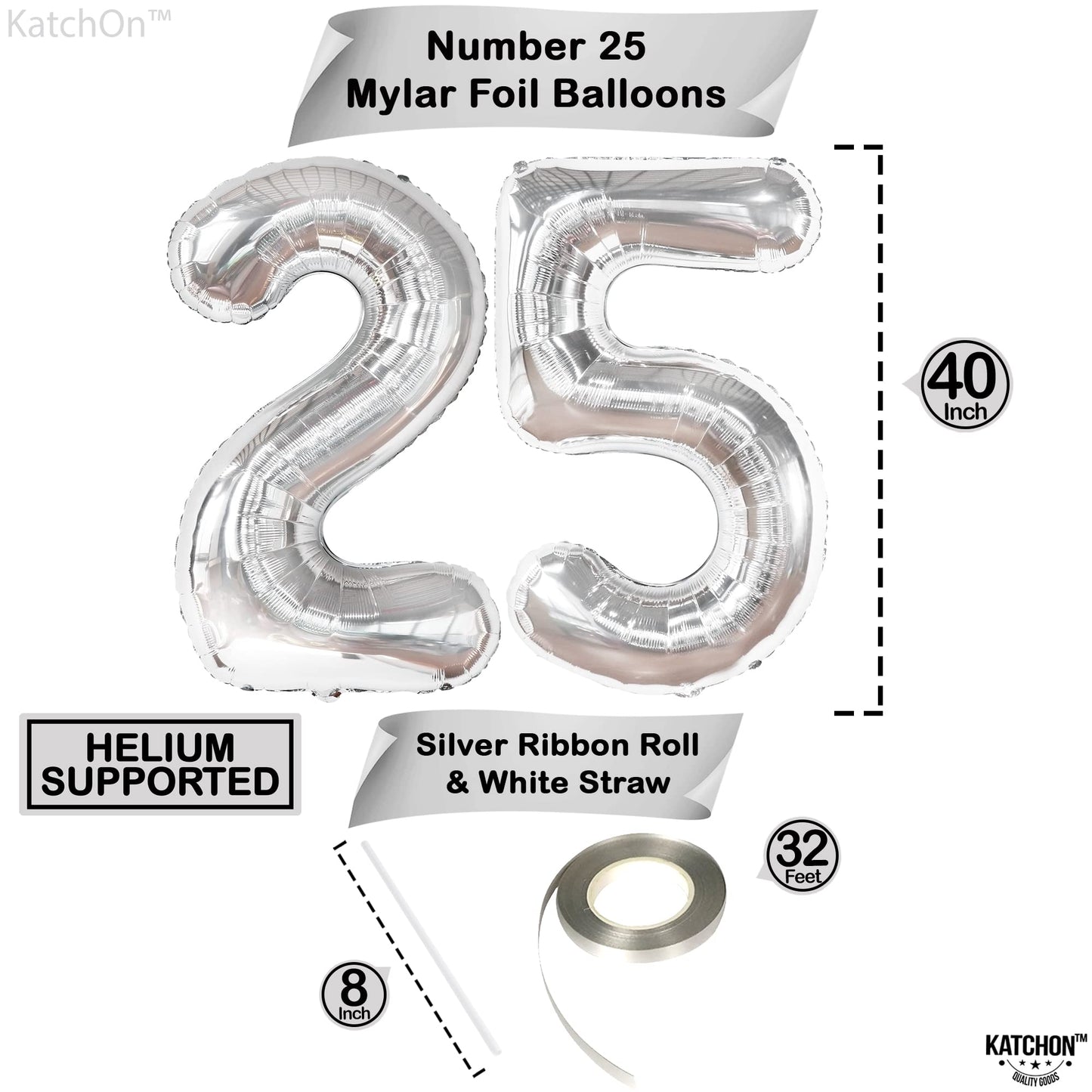 Katchon, Silver 25 Balloon Numbers - Giant, 40 Inch | 25 Number Balloons For 25Th Birthday Decorations For Women | 25 Birthday Balloons For 25Th Birthday Decorations For Men | 25 Foil Number Balloon
