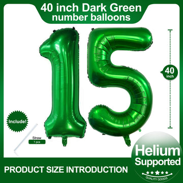 Number 15 Dark Green Balloons 40 Inch Giant Green 15 Numer Foil Helium Balloons For 15Th Green Birthday Party Supplies 51St Anni