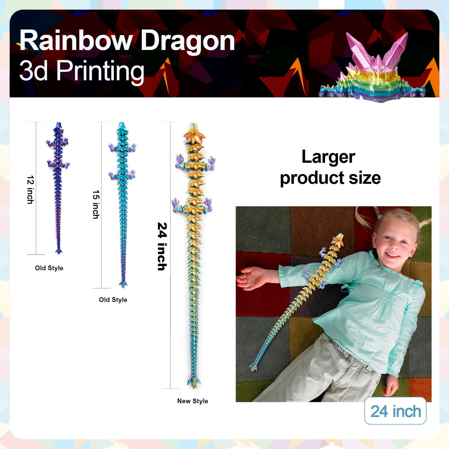 Rwsefk 24 In 3D Printed Dragon, 24Inch Dragon,3D Dragon Toy,Large Dragon Present,Ariculated Crystal Dragon(Rainbow)