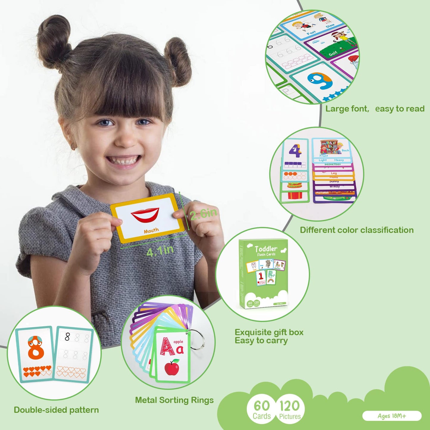 60 Cards, 120 Pictures Abc Alphabet Flash Cards For Toddlers 3-6 Years, Preschool Kindergarten Toddler Flash Cards For 3,4,5,6 Years, Abc, Alphabet Number, Antonym, Body Parts, Sports, Weather