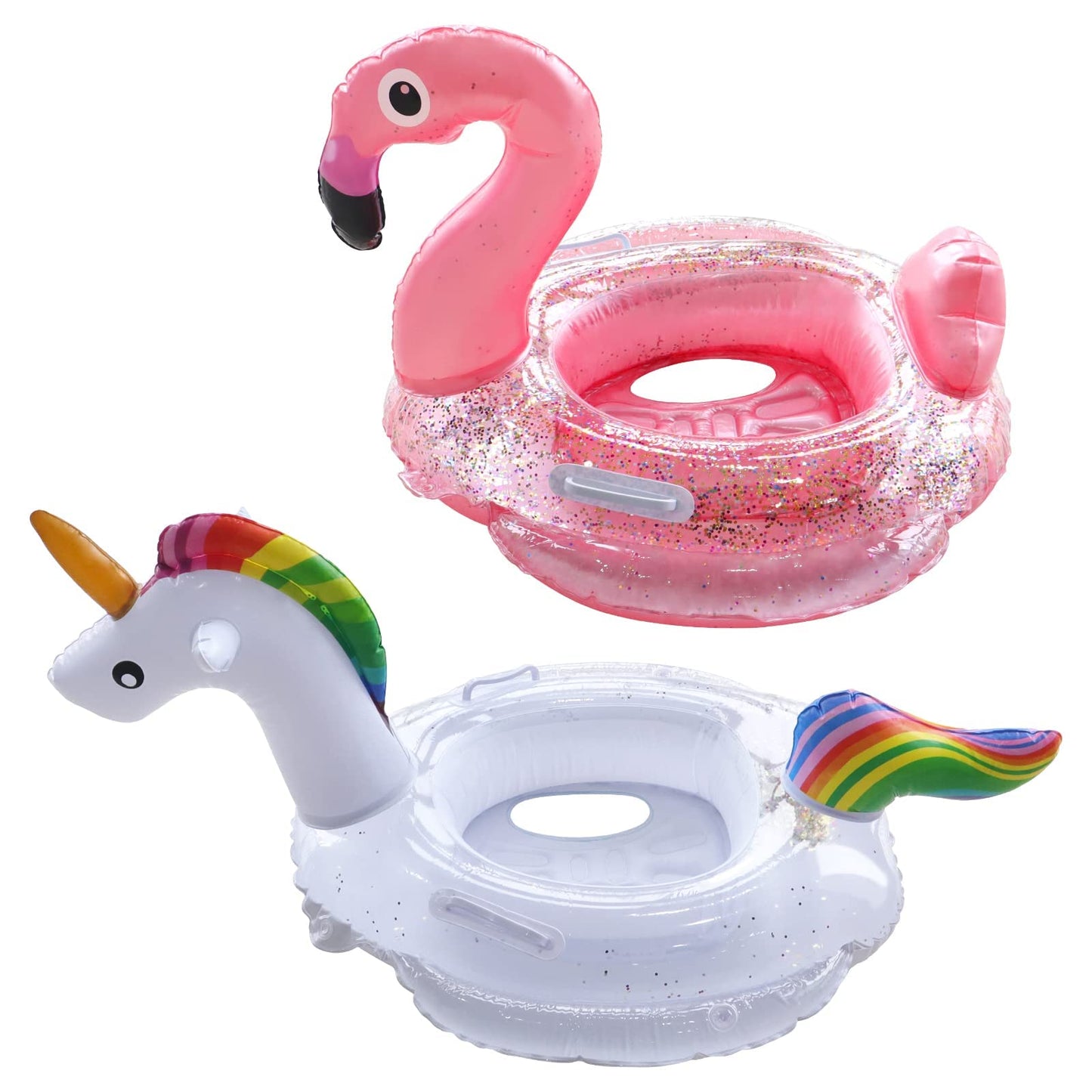 Fudragtn Inflatable Flamingo Unicorn Pool Floats For Kids, 2 Pack Swim Rings With Safety Seat And Handle, Pool Tubes For Floatin