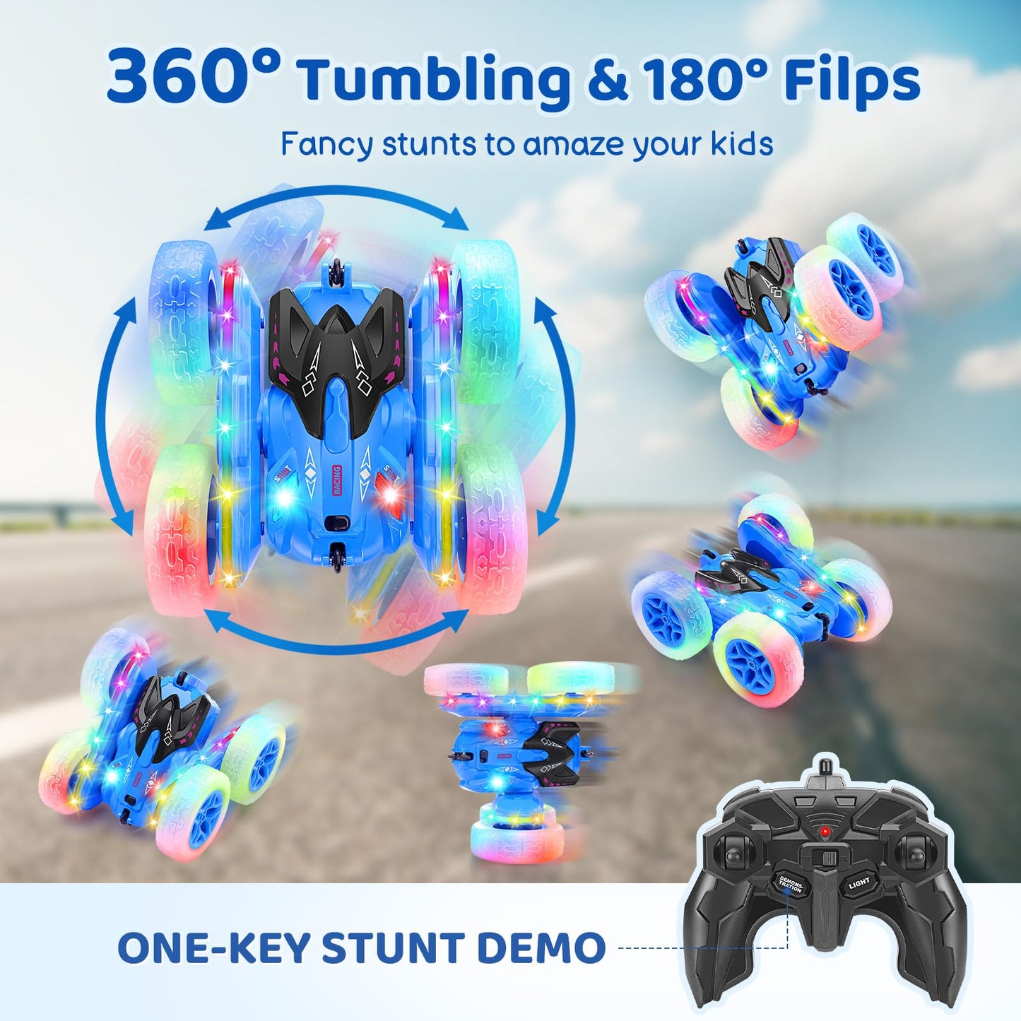 SGILE Remote Control Car, Stunt Car with Sides Light Strip and Headlights, 2.4Ghz Double Sided 360 Flips Rotating Race Car, Rech