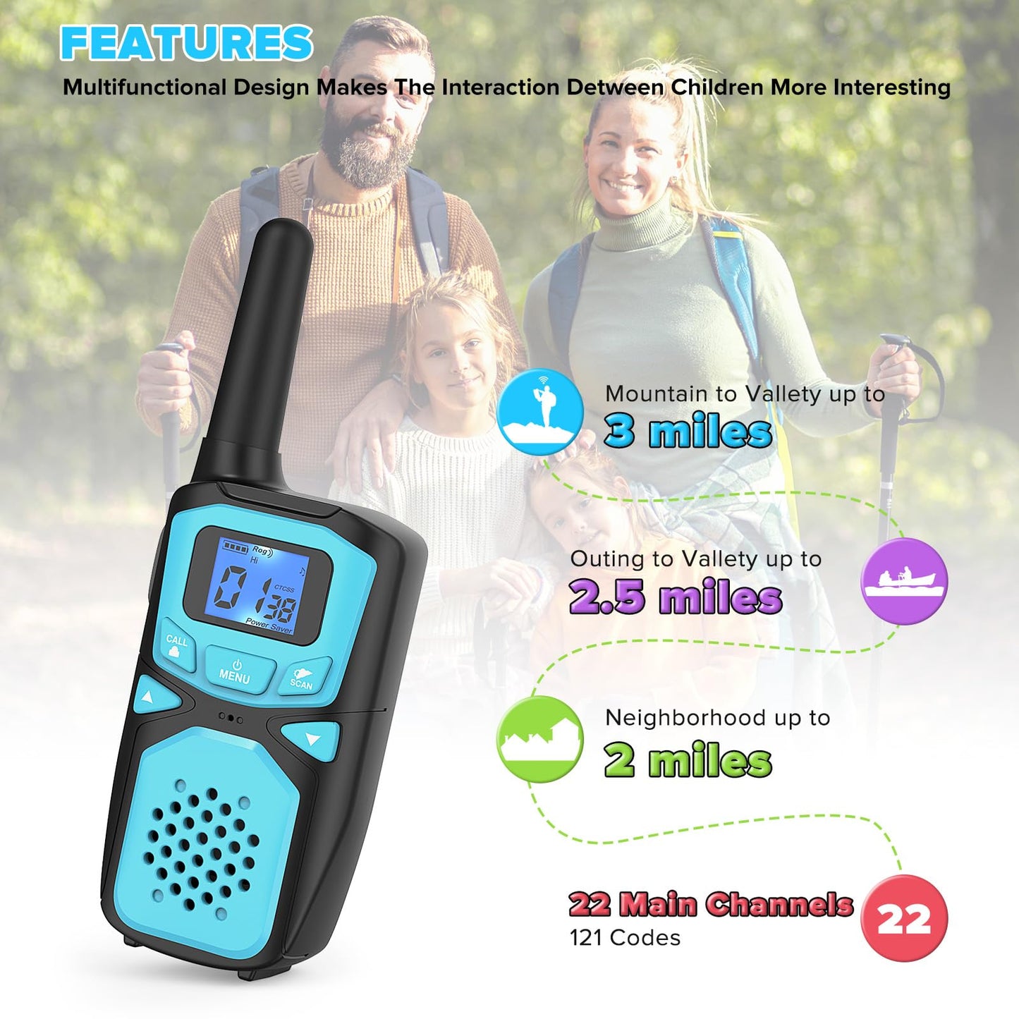 Woktok Small Machine Walkie Talkie,Camping Outdoor Game Toys Christmas Birthday Gift For Boys And Girls 3 4 5 6 7 8 9 10 Years Old Rechargeable With Noaa,Lanyard Kids Walkie Talkie 2 Packs